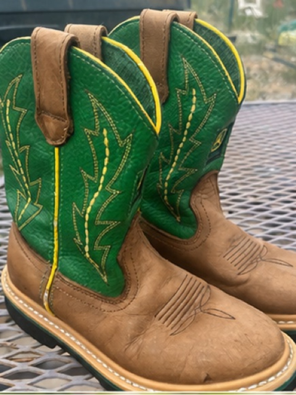 John Deere Kids Cowboy Boots Size 1M Green Brown Leather Western